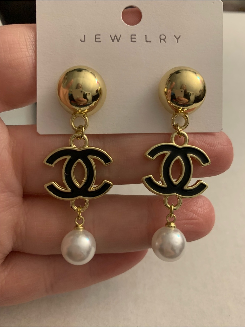Fashion Jewelry Gold and Black Logo Drop Earrings with Pearl Accent